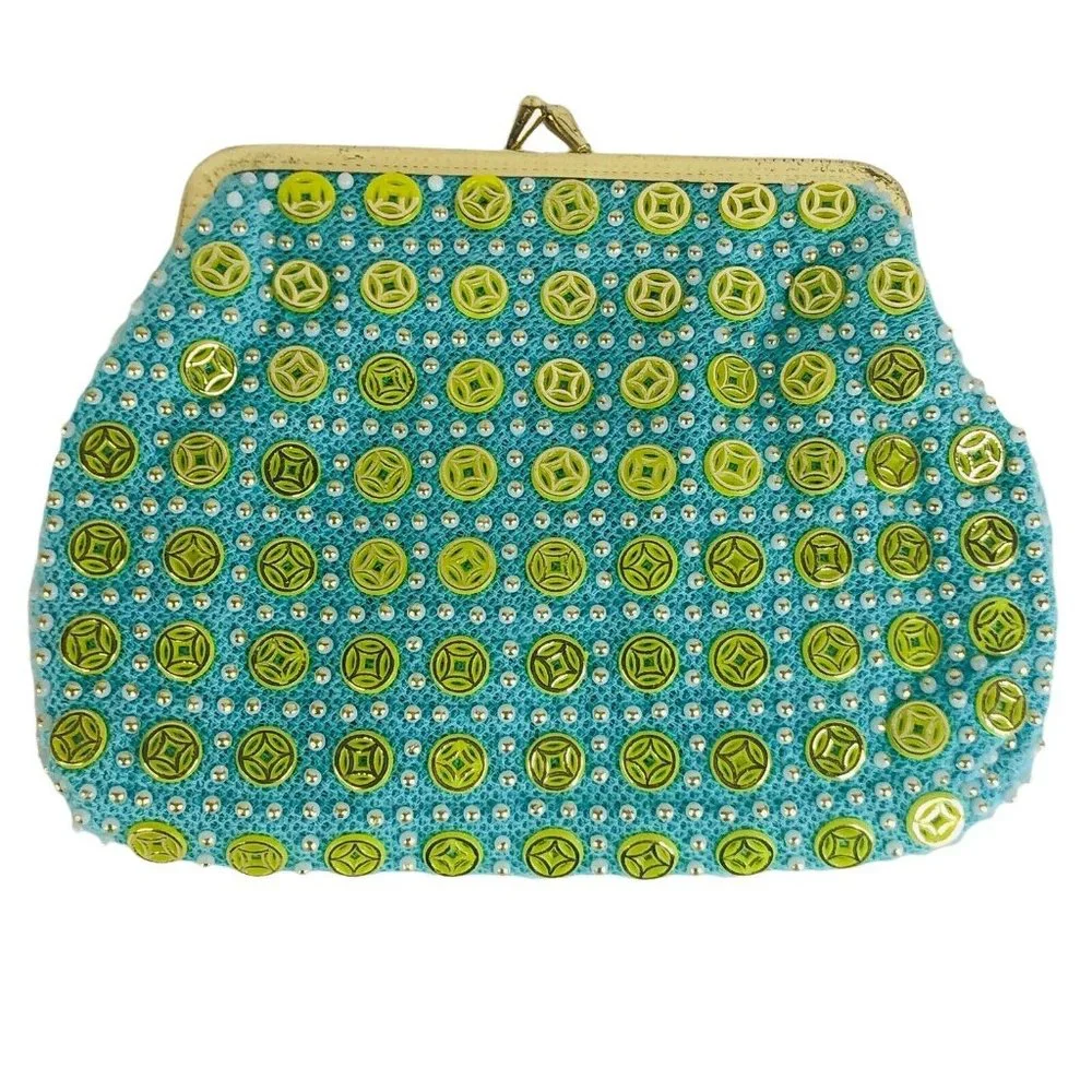 VTG Womens Clutch Purse Beaded Made Hong Kong Kiss Lock Closure Blue Green Small